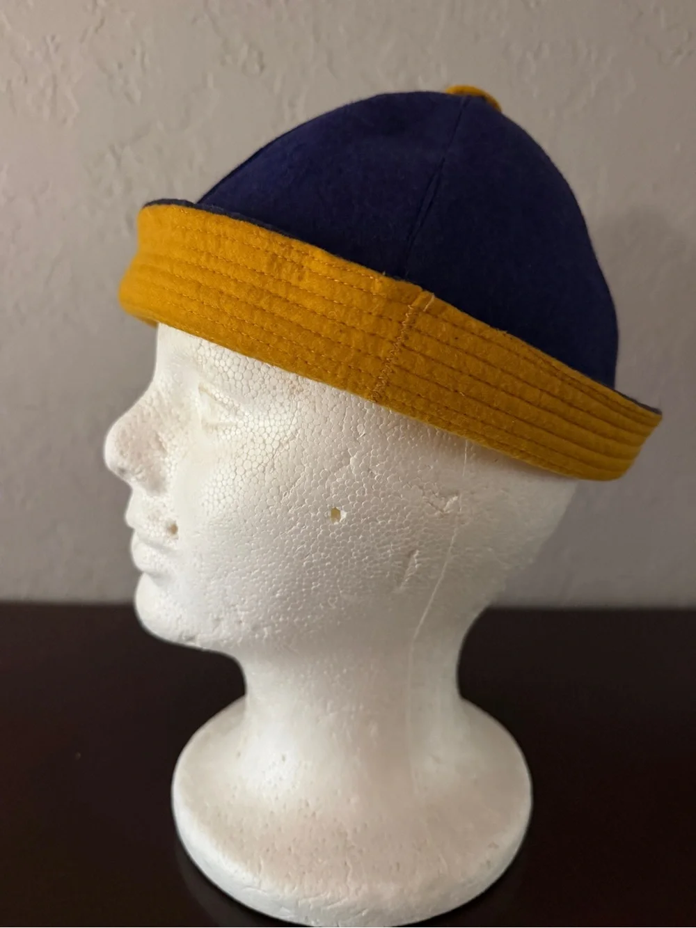 Vintage Collegiate Dink Beanie Cap Navy Blue Mustard Yellow Wool Felt Small